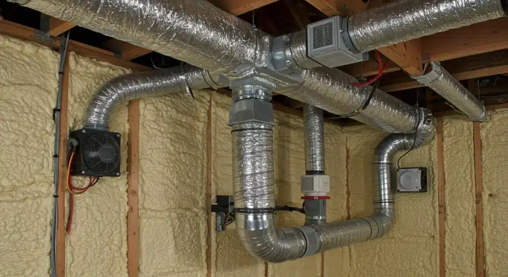 Close-up of silver HVAC ducting with attached fans and vents in a basement wall insulated with yellow spray foam.