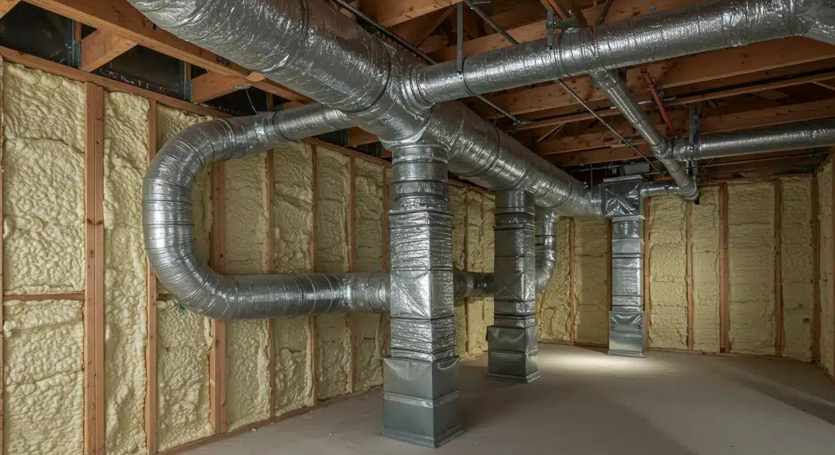 Large silver HVAC ductwork running through an unfinished basement with wooden stud walls filled with yellow spray foam insulation and exposed ceiling joists.