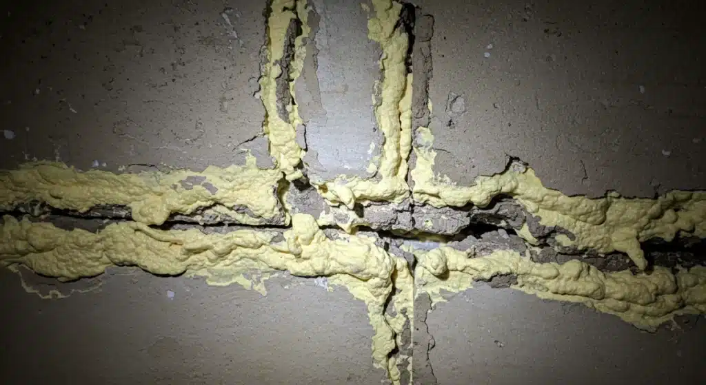 Intersecting cracks in a dark concrete wall filled with yellow expanding foam, illuminated by harsh light.