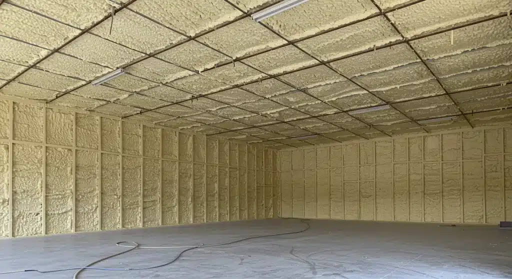 Interior of an empty metal-framed building with light beige spray foam insulation applied to all walls between the metal studs and to the ceiling between a metal grid. A concrete floor and fluorescent lights are visible, with a hose on the floor.